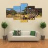 Elephant Family In Front Of Kilimanjaro - Animal 5 Panel Canvas Art Wall Decor