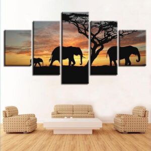 Elephant Family On Sunset - Animal 5 Panel Canvas Art Wall Decor