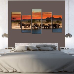 Elephant Family Sunset 01 - Animal 5 Panel Canvas Art Wall Decor