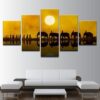 Elephant Family Sunset - Animal 5 Panel Canvas Art Wall Decor