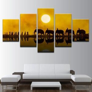 Elephant Family Sunset - Animal 5 Panel Canvas Art Wall Decor