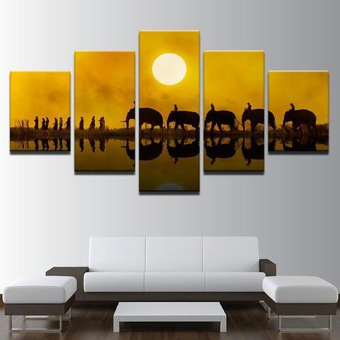 Elephant Family Sunset - Animal 5 Panel Canvas Art Wall Decor Elephant Family Sunset - Animal 5 Panel Canvas Art Wall Decor