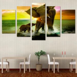 Elephant Family - Animal 5 Panel Canvas Art Wall Decor