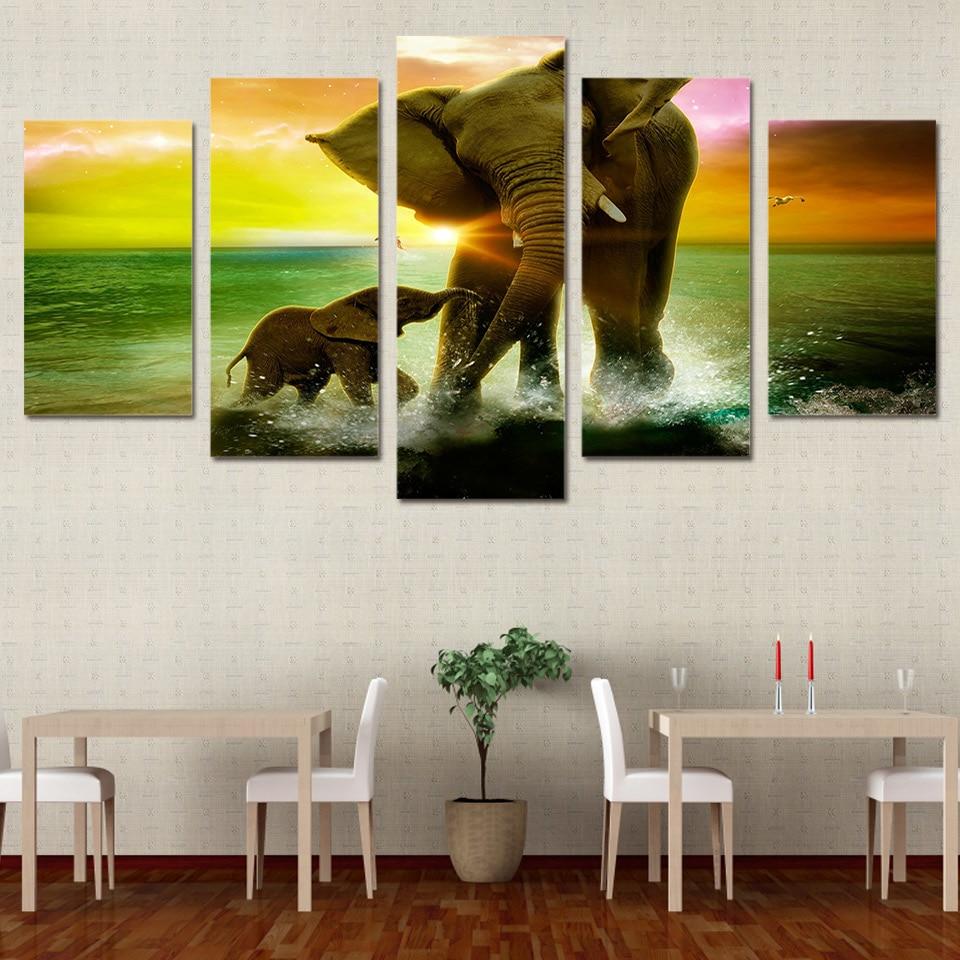 Elephant Family - Animal 5 Panel Canvas Art Wall Decor Elephant Family - Animal 5 Panel Canvas Art Wall Decor