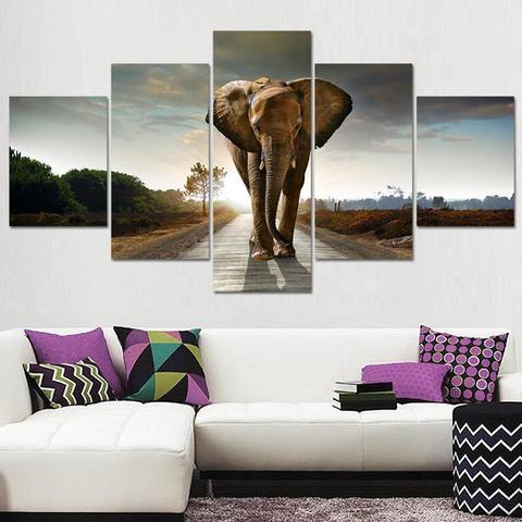 Elephant In Street - Animal 5 Panel Canvas Art Wall Decor Elephant In Street - Animal 5 Panel Canvas Art Wall Decor