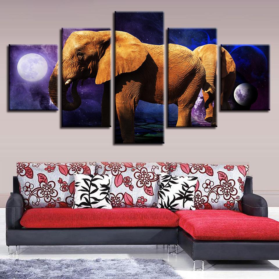 Elephant Moon - Animal 5 Panel Canvas Art Wall Decor Elephant Moon - Animal 5 Panel Canvas Art Wall Decor