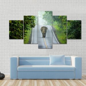 Elephant On The Road - Animal 5 Panel Canvas Art Wall Decor