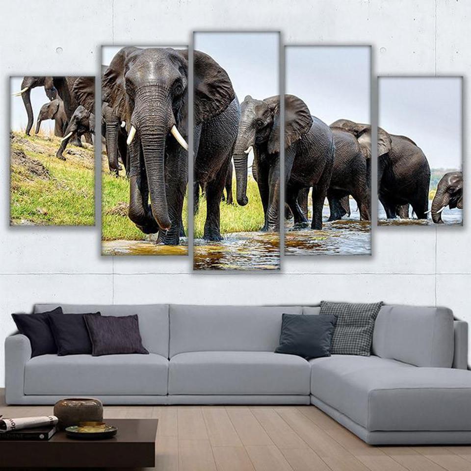 Elephant Parade 1 - Animal 5 Panel Canvas Art Wall Decor Elephant Parade 1 - Animal 5 Panel Canvas Art Wall Decor