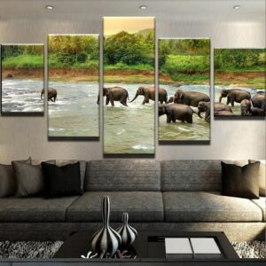 Elephant Riverwalk - Animal 5 Panel Canvas Art Wall Decor