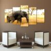 Elephant Safari - Tree Background - Animal 5 Panel Canvas Art Wall Decor