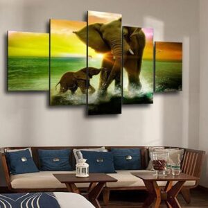 Elephant Sunrise - Animal 5 Panel Canvas Art Wall Decor