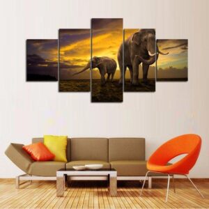 Elephant Sunset 02 - Animal 5 Panel Canvas Art Wall Decor