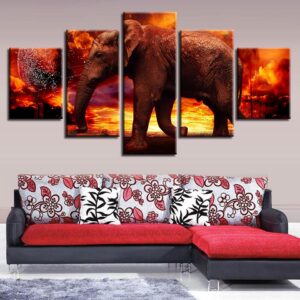 Elephant Sunset 3 - Animal 5 Panel Canvas Art Wall Decor