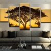 Elephant Sunset - Animal 5 Panel Canvas Art Wall Decor