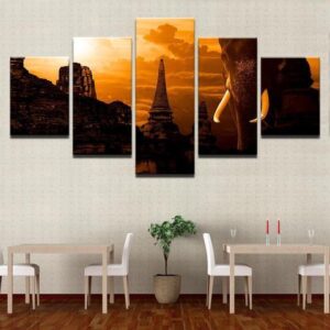 Elephant Temple - Animal 5 Panel Canvas Art Wall Decor