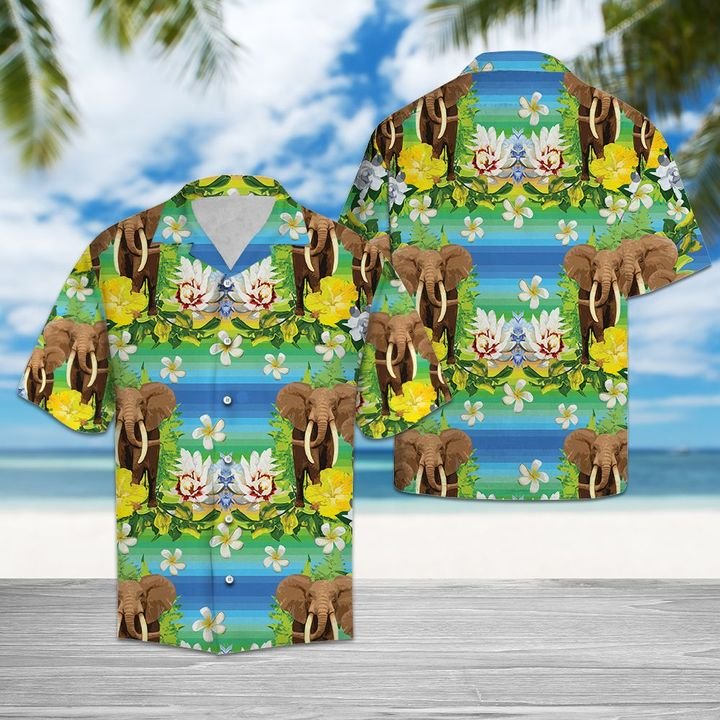 Elephant Tropical Flowers Hawaiian Shirt Summer Button Up Elephant Tropical Flowers Hawaiian Shirt Summer Button Up