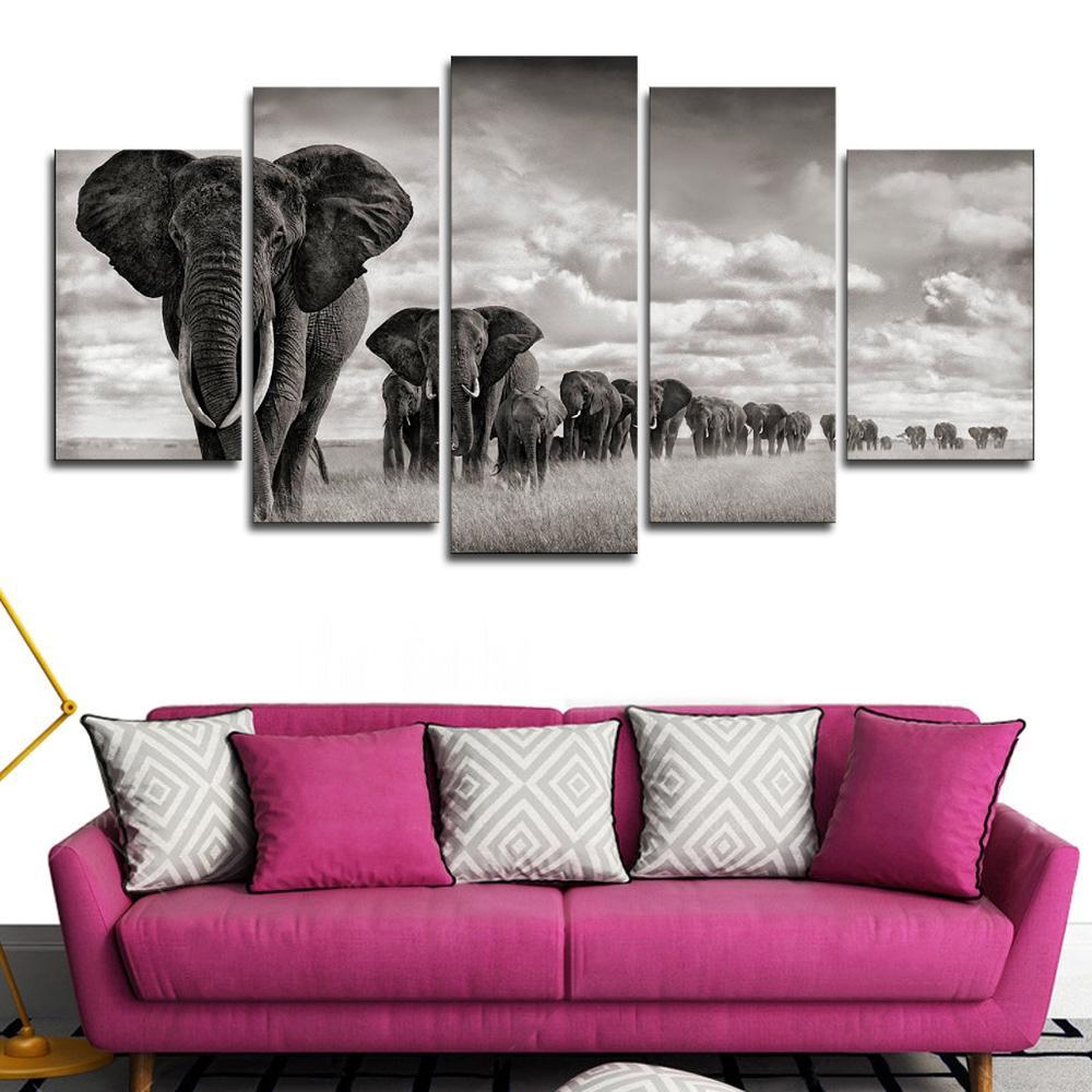 Elephant Walking On The Grassland - Animal 5 Panel Canvas Art Wall Decor Elephant Walking On The Grassland - Animal 5 Panel Canvas Art Wall Decor