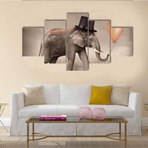 Elephant With A Orange Balloon - Animal 5 Panel Canvas Art Wall Decor