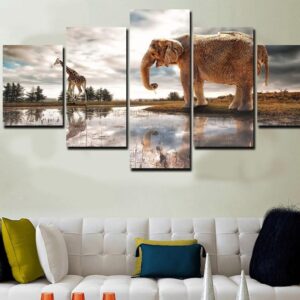 Elephant and Giraffe 1 - Animal 5 Panel Canvas Art Wall Decor