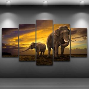 Elephants Grazing - Animal 5 Panel Canvas Art Wall Decor
