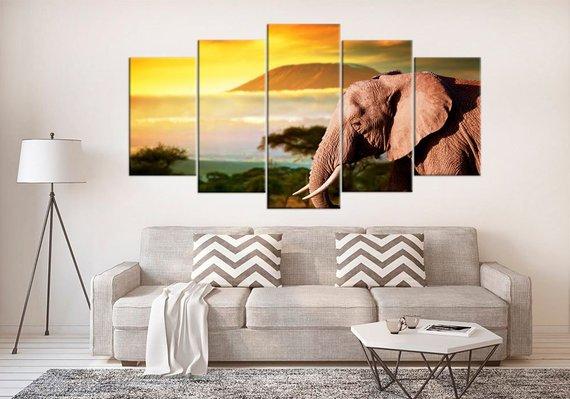 Elephants Of Kilimanjaro Large - Animal 5 Panel Canvas Art Wall Decor Elephants Of Kilimanjaro Large - Animal 5 Panel Canvas Art Wall Decor