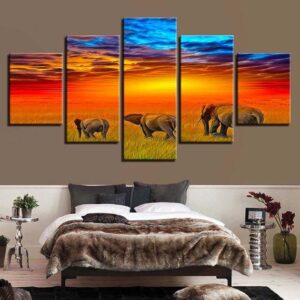 Elephants Sunset Beautiful - Animal 5 Panel Canvas Art Wall Decor