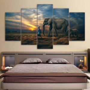 Elephants Sunset - Animal 5 Panel Canvas Art Wall Decor