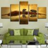 Elephants Unset Lake Landscape - Animal 5 Panel Canvas Art Wall Decor
