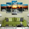 Elephants Waterfalls Sunset Beautiful - Animal 5 Panel Canvas Art Wall Decor