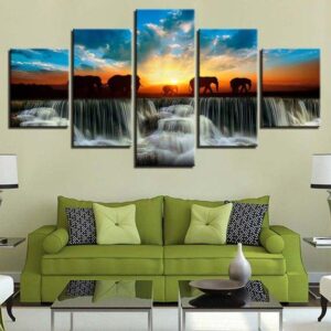 Elephants Waterfalls Sunset Beautiful - Animal 5 Panel Canvas Art Wall Decor