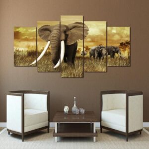Elephants With Large Tusks - Animal 5 Panel Canvas Art Wall Decor