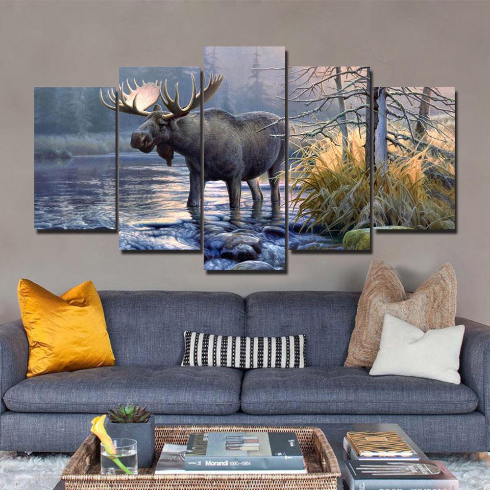 Elk Drinking by River - Animal 5 Panel Canvas Art Wall Decor Elk Drinking by River - Animal 5 Panel Canvas Art Wall Decor