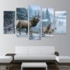 Elk Family In Snow Pine Tree Landscape Fashion Deer - Animal 5 Panel Canvas Art Wall Decor