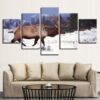 Elk Running In The Snow -Animal 5 Panel Canvas Art Wall Decor