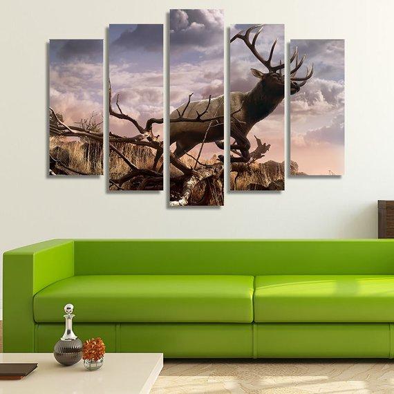 Elk Running - Animal 5 Panel Canvas Art Wall Decor Elk Running - Animal 5 Panel Canvas Art Wall Decor