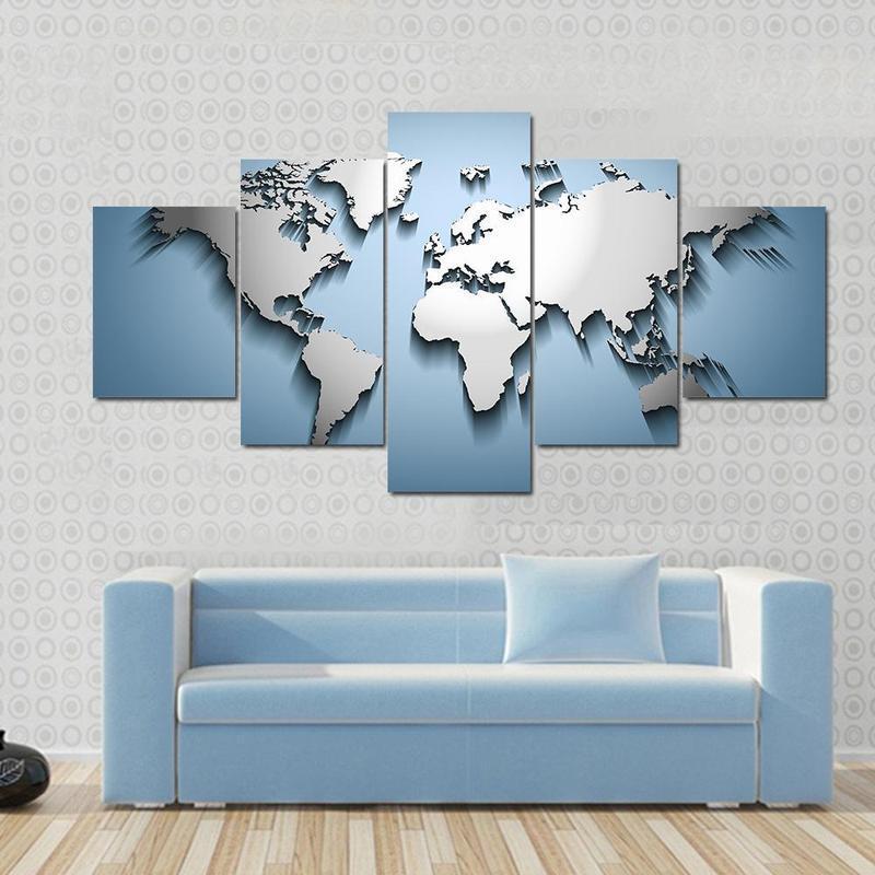 Embossed World Map - Abstract 5 Panel Canvas Art Wall Decor Embossed World Map - Abstract 5 Panel Canvas Art Wall Decor