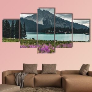 Emerald Lake With Mountains And Flowers - Nature 5 Panel Canvas Art Wall Decor
