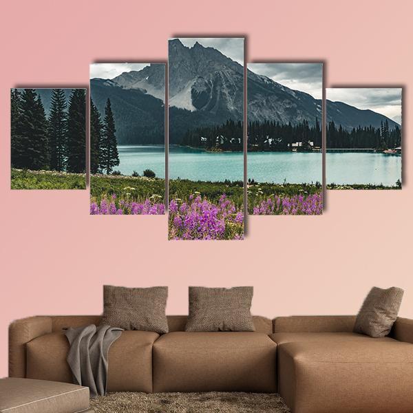 Emerald Lake With Mountains And Flowers - Nature 5 Panel Canvas Art Wall Decor Emerald Lake With Mountains And Flowers - Nature 5 Panel Canvas Art Wall Decor