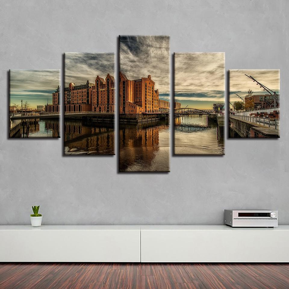 European Building Bridge Natural - Nature 5 Panel Canvas Art Wall Decor European Building Bridge Natural - Nature 5 Panel Canvas Art Wall Decor