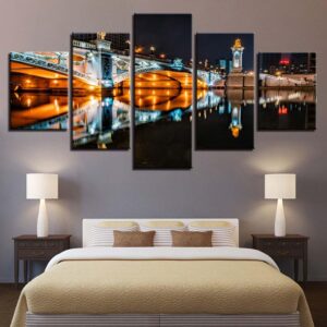 European Building Bridge Night Scene - Nature 5 Panel Canvas Art Wall Decor
