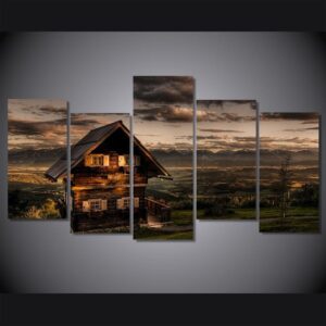 Evening hills wooden house - Nature 5 Panel Canvas Art Wall Decor