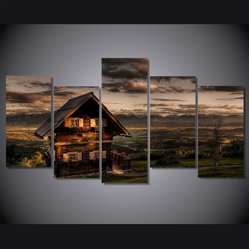 Evening hills wooden house - Nature 5 Panel Canvas Art Wall Decor Evening hills wooden house - Nature 5 Panel Canvas Art Wall Decor