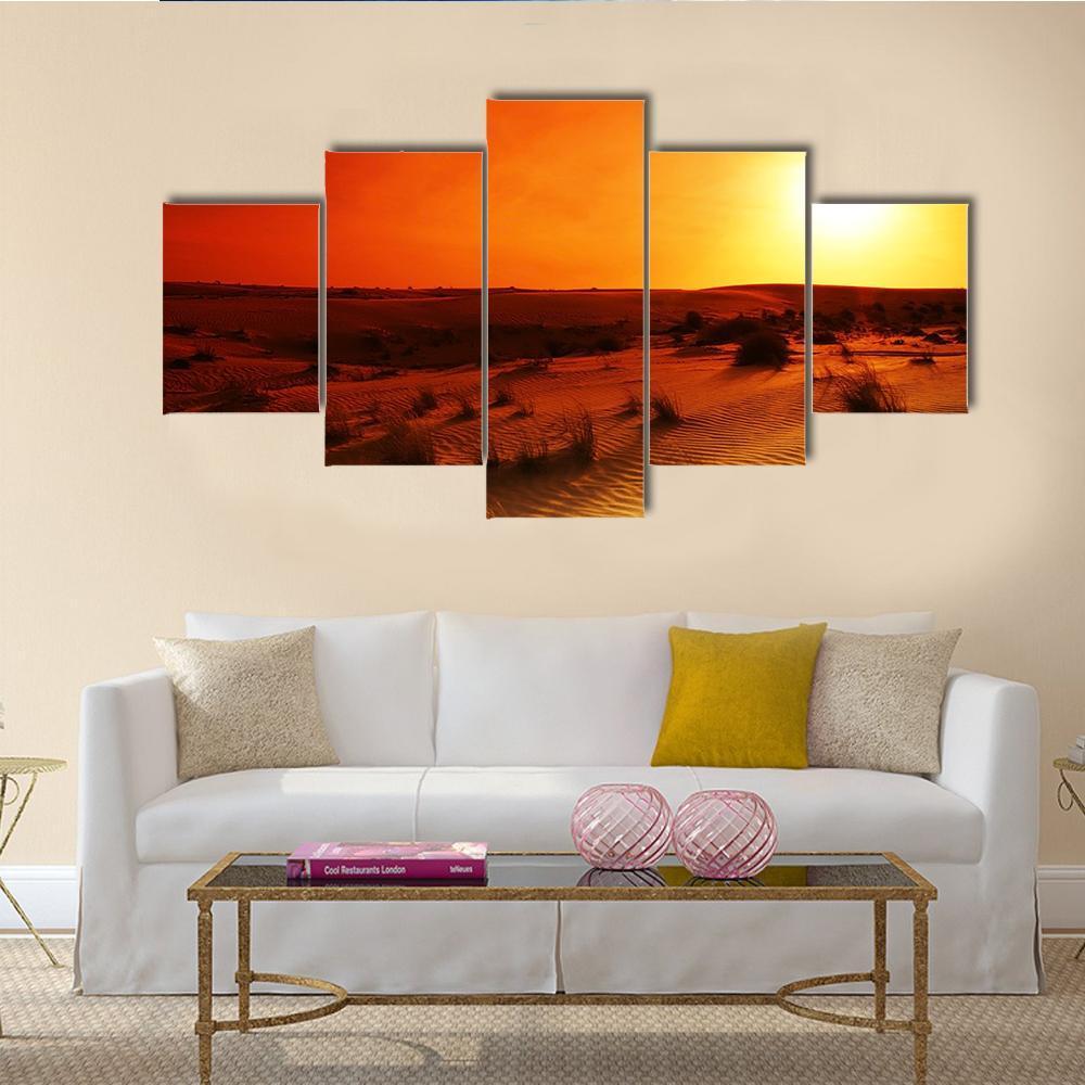 Extreme Desert Landscape With Orange Sunset - Nature 5 Panel Canvas Art Wall Decor Extreme Desert Landscape With Orange Sunset - Nature 5 Panel Canvas Art Wall Decor