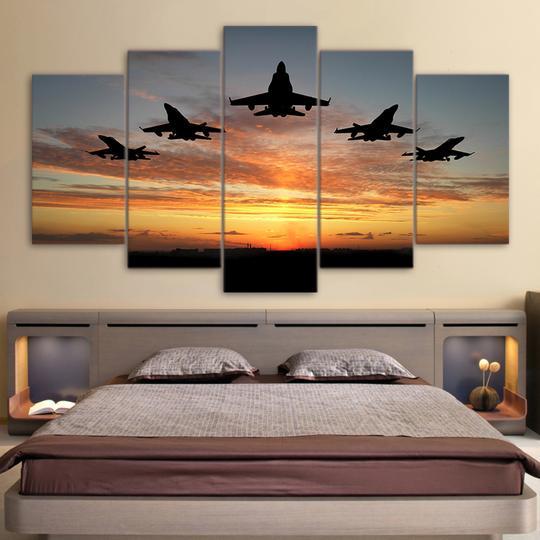 F-16 Formation At Sunset - Aircraft 5 Panel Canvas Art Wall Decor F-16 Formation At Sunset - Aircraft 5 Panel Canvas Art Wall Decor