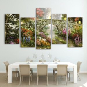 Fairy Land With Bridge Landscape - Nature 5 Panel Canvas Art Wall Decor