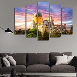 Fairy Palace At Sunset Panorama Of Pena National Palace In Sintra - Nature 5 Panel Canvas Art Wall Decor