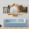 Falling Oak Leaves On Autumn Forest Illuminated By Morning Sun - Nature 5 Panel Canvas Art Wall Decor