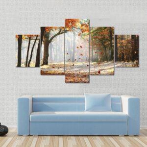 Falling Oak Leaves On Autumn Forest Illuminated By Morning Sun - Nature 5 Panel Canvas Art Wall Decor