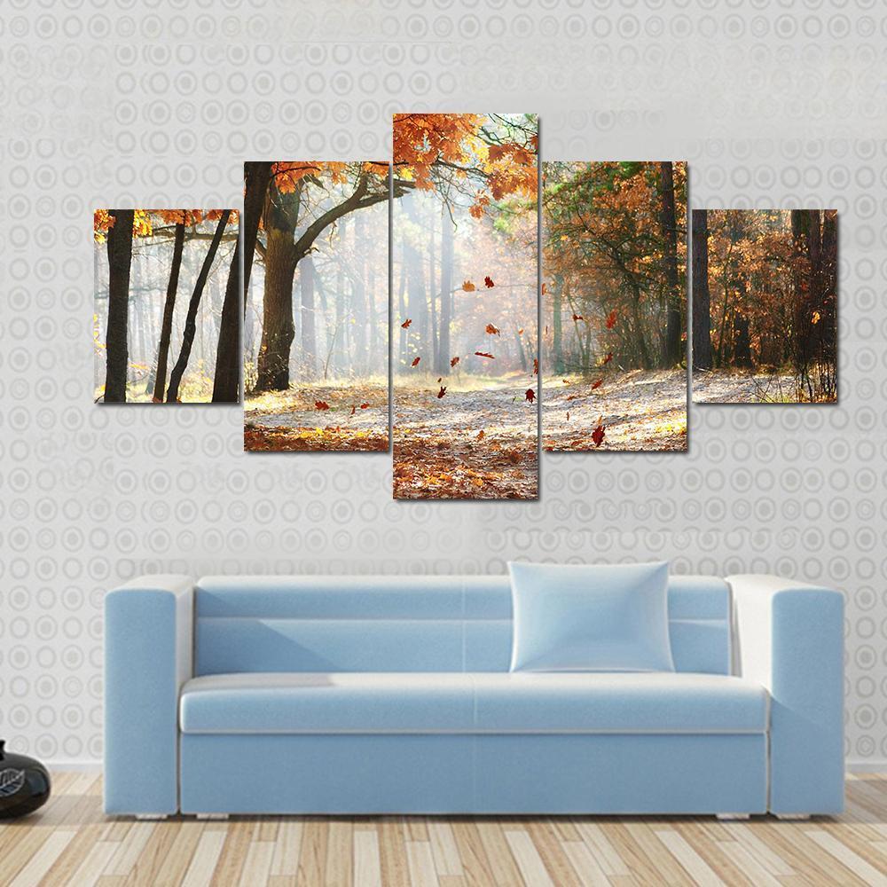 Falling Oak Leaves On Autumn Forest Illuminated By Morning Sun - Nature 5 Panel Canvas Art Wall Decor Falling Oak Leaves On Autumn Forest Illuminated By Morning Sun - Nature 5 Panel Canvas Art Wall Decor