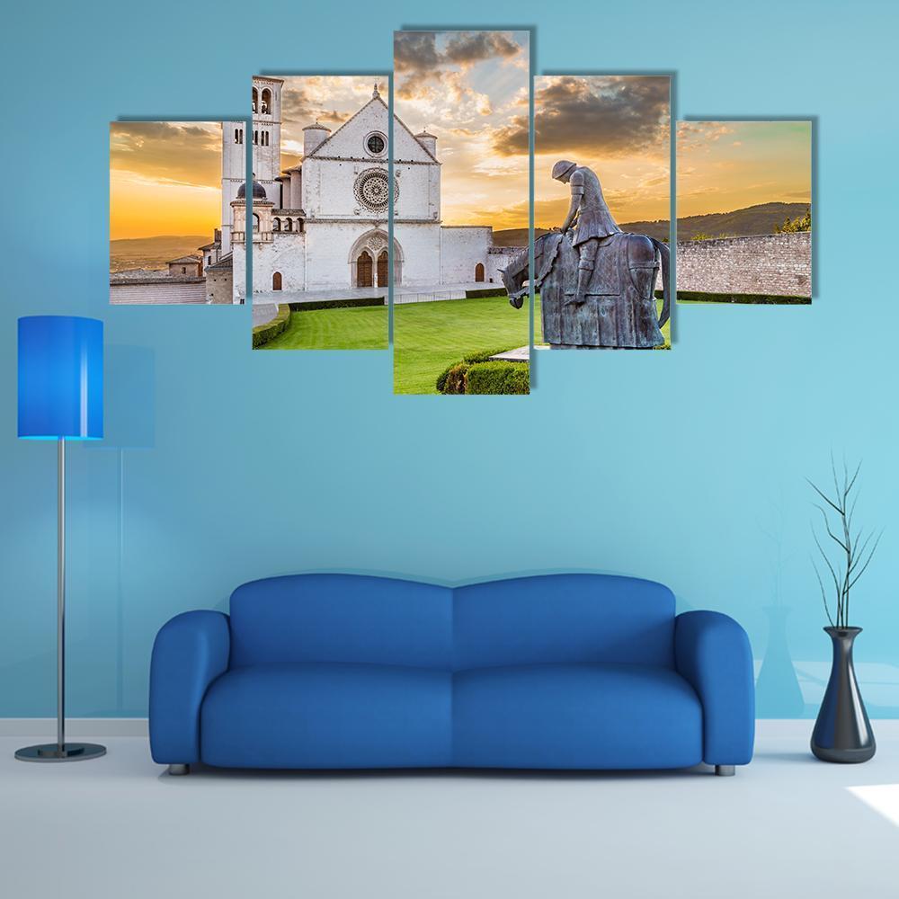 Famous Basilica Of St Francis Of Assisi With Statue - Religion 5 Panel Canvas Art Wall Decor Famous Basilica Of St Francis Of Assisi With Statue - Religion 5 Panel Canvas Art Wall Decor